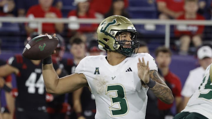 Nov 1, 2024; Boca Raton, Florida, USA;  South Florida Bulls quarterback Bryce Archie (3) throws a pass during the second half against the Florida Atlantic Owls at FAU Stadium. Credit: Reinhold Matay-Imagn Images