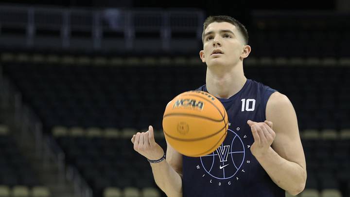 Mar 17, 2022; Pittsburgh, PA, USA;  Villanova Wildcats guard Angelo Brizzi (10) during practice before the first round of the 2022 NCAA Tournament at PPG Paints Arena. Mandatory Credit: Charles LeClaire-Imagn Images