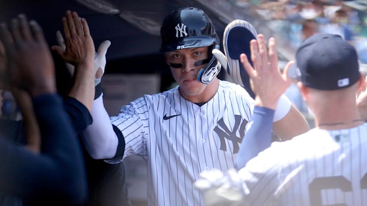 May 10, 2023; Bronx, New York, USA; New York Yankees designated hitter Aaron Judge (99) celebrates