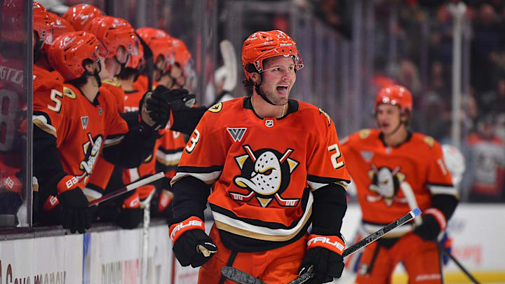 Apr 7, 2025; Anaheim, California, USA; Anaheim Ducks center Mason McTavish (23) celebrates his goal scored against the Edmonton Oilers during the third period at Honda Center.