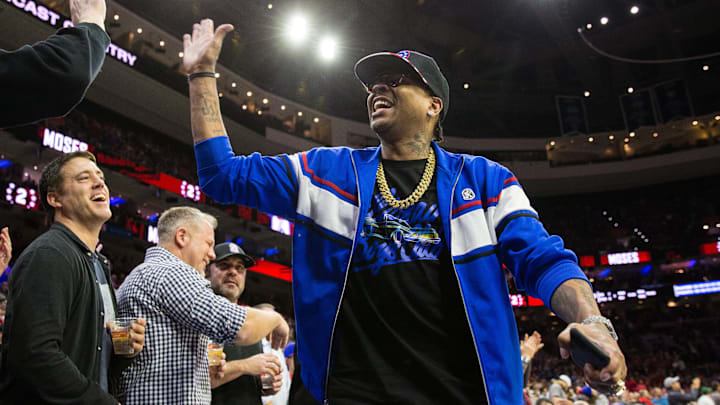 Feb 8, 2019; Philadelphia, PA, USA; Former Philadelphia 76ers and hall of fame member Allen Iverson reacts with fans during the fourth quarter against the Denver Nuggets at Wells Fargo Center. Mandatory Credit: Bill Streicher-Imagn Images