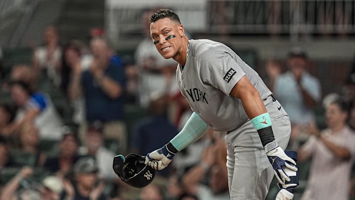 Cumberland, Georgia, USA; New York Yankees right fielder Aaron Judge (99) reacts after striking out against the Atlanta Braves during the seventh inning at Truist Park.