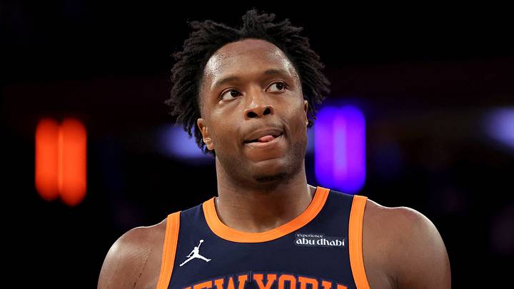Apr 21, 2025; New York, New York, USA; New York Knicks forward OG Anunoby (8) reacts during the third quarter of game two of the first round of the 2024 NBA Playoffs against the Detroit Pistons at Madison Square Garden. Mandatory Credit: Brad Penner-Imagn Images Apr 21, 2025; New York, New York, USA; New York Knicks forward OG Anunoby (8) reacts during the third quarter of game two of the first round of the 2024 NBA Playoffs against the Detroit Pistons at Madison Square Garden. Mandatory Credit: Brad Penner-Imagn Images