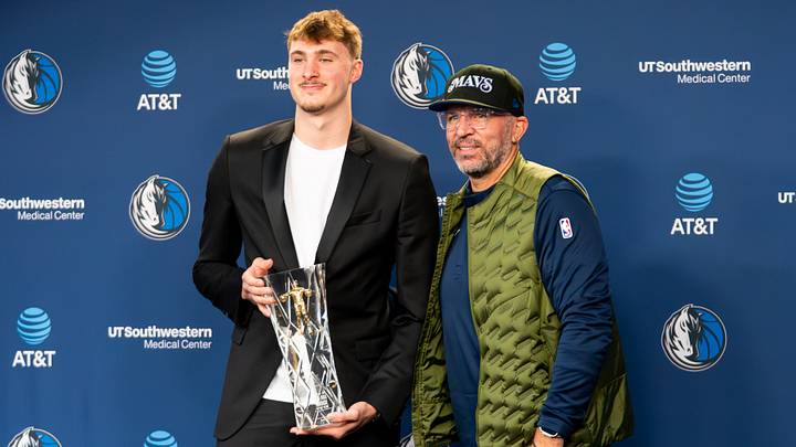 Apr 29, 2026; Dallas, TX, USA; Dallas Maverick Cooper Flagg holds the 2025-26 NBA Rookie of the Year trophy Apr 29, 2026; Dallas, TX, USA; Dallas Maverick Cooper Flagg holds the 2025-26 NBA Rookie of the Year trophy