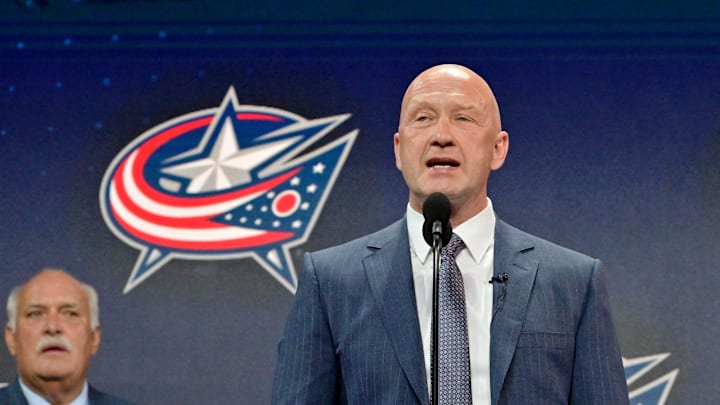 Jul 7, 2022; Montreal, Quebec, CANADA; Columbus Blue Jackets general manager Jarmo Kekalainen announces David Jiricek (not pictured) as the number six overall pick to the Columbus Blue Jackets in the first round of the 2022 NHL Draft at Bell Centre. Mandatory Credit: Eric Bolte-Imagn Images