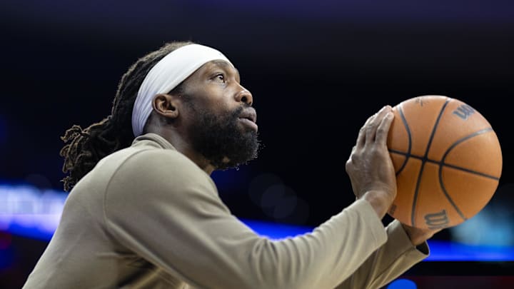 Feb 25, 2024; Philadelphia, Pennsylvania, USA; Milwaukee Bucks guard Patrick Beverley warms up before action against the Philadelphia 76ers at Wells Fargo Center. Mandatory Credit: Bill Streicher-Imagn Images