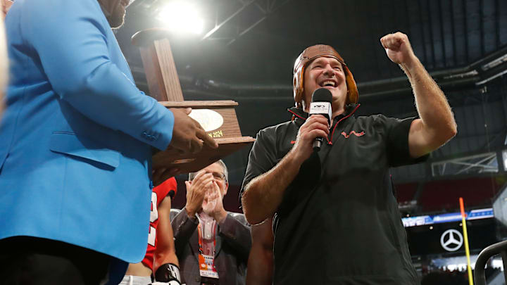 Georgia coach Kirby Smart celebrates after winning the NCAA Aflac Kickoff Game in Atlanta, on Saturday, Aug. 31, 2024. Georgia won 34-3. Georgia coach Kirby Smart celebrates after winning the NCAA Aflac Kickoff Game in Atlanta, on Saturday, Aug. 31, 2024. Georgia won 34-3.