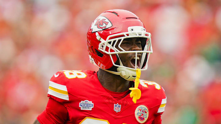 Sep 14, 2025; Kansas City, Missouri, USA; Kansas City Chiefs cornerback Kevin Knowles (38) celebrates after a play during the first half against the Philadelphia Eagles at GEHA Field at Arrowhead Stadium. Mandatory Credit: Jay Biggerstaff-Imagn Images