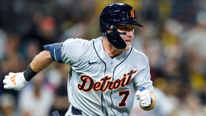 Mar 27, 2026; San Diego, California, USA; Detroit Tigers third baseman Kevin McGonigle (7) hits a two-run single during the eighth inning against the San Diego Padres at Petco Park. Mandatory Credit: David Frerker-Imagn Images Mar 27, 2026; San Diego, California, USA; Detroit Tigers third baseman Kevin McGonigle (7) hits a two-run single during the eighth inning against the San Diego Padres at Petco Park. Mandatory Credit: David Frerker-Imagn Images