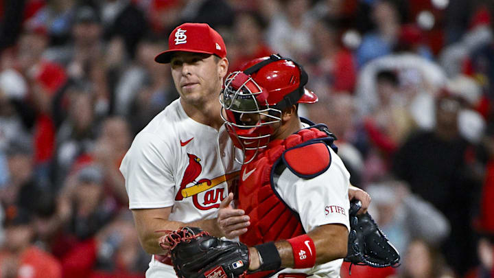 Apr 9, 2024; St. Louis, Missouri, USA; St. Louis Cardinals relief pitcher Ryan Helsley (56) celebrates with catcher Ivan Herrera (48) after the Cardinals defeated the Philadelphia Phillies at Busch Stadium. Mandatory Credit: Jeff Curry-Imagn Images Apr 9, 2024; St. Louis, Missouri, USA; St. Louis Cardinals relief pitcher Ryan Helsley (56) celebrates with catcher Ivan Herrera (48) after the Cardinals defeated the Philadelphia Phillies at Busch Stadium. Mandatory Credit: Jeff Curry-Imagn Images