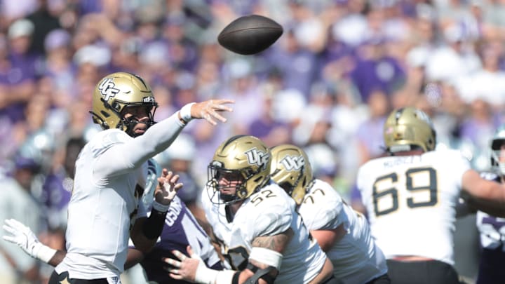 UCF Knights quarterback Tayven Jackson (2) throws the ball during the first half of the game against Kansas State Wildcats at Bill Snyder Family Stadium on Sept. 27, 2025.