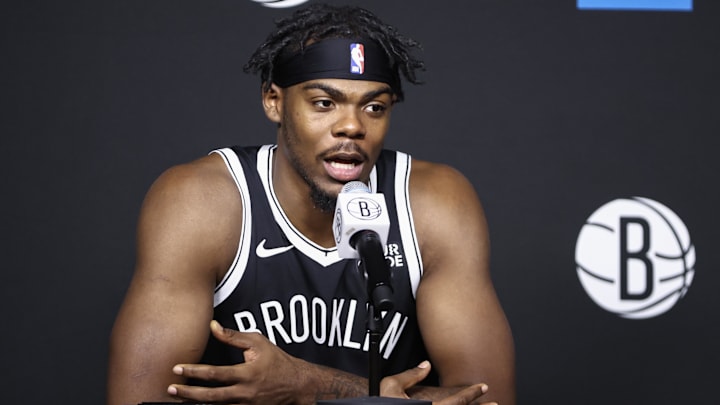 Sep 30, 2024; Brooklyn, NY, USA; Brooklyn Nets center Day'Ron Sharpe (20) during media day at Brooklyn Nets Media Day at HSS Training Center. Mandatory Credit: Wendell Cruz-Imagn Images Sep 30, 2024; Brooklyn, NY, USA; Brooklyn Nets center Day'Ron Sharpe (20) during media day at Brooklyn Nets Media Day at HSS Training Center. Mandatory Credit: Wendell Cruz-Imagn Images