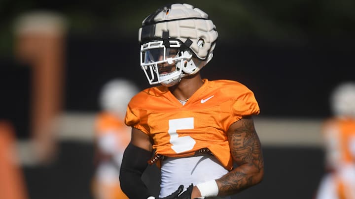 Tennessee’s Christian Harrison (5) during a fall Tennessee football practice, in Knoxville, Tenn., Thursday, Aug. 8, 2024.