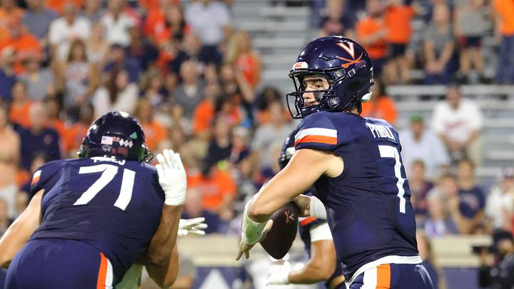 Sep 11, 2026; Charlottesville, Virginia, USA;  Virginia Cavaliers quarterback Beau Pribula (7) looks to pass during the second quarter against the Norfolk State Spartans at Scott Stadium.  Mandatory Credit: Amber Searls-Imagn Images