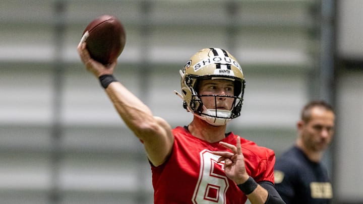 May 10, 2025; New Orleans, LA, USA;  New Orleans Saints quarterback Tyler Shough (6) during rookie minicamp at Ochsner Sports Performance Center. Mandatory Credit: Stephen Lew-Imagn Images