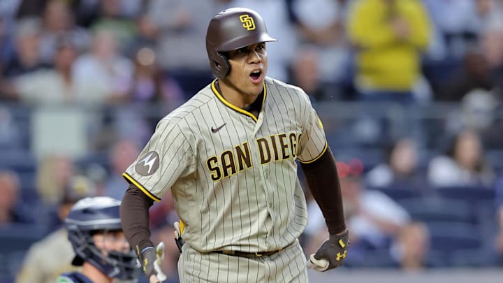 May 26, 2023; Bronx, New York, USA; San Diego Padres left fielder Juan Soto (22) reacts after