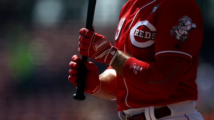 A view of the Franklin batting gloves worn by Cincinnati Reds.
