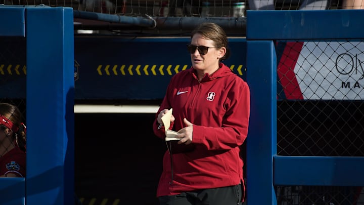 May 30, 2024; Oklahoma City, OK, USA; Stanford Cardinals head coach Jessica Allister looks on in the second inning against the Texas Longhorns during a Women's College World Series softball game at Devon Park. Mandatory Credit: Brett Rojo-Imagn Images