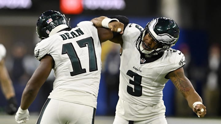 Nov 24, 2024; Inglewood, California, USA; Philadelphia Eagles linebacker Nolan Smith Jr. (3) celebrates with linebacker Nakobe Dean (17) after Dean sacks Los Angeles Rams quarterback Matthew Stafford (not pictured) during the first half at SoFi Stadium. Mandatory Credit: Alex Gallardo-Imagn Images Nov 24, 2024; Inglewood, California, USA; Philadelphia Eagles linebacker Nolan Smith Jr. (3) celebrates with linebacker Nakobe Dean (17) after Dean sacks Los Angeles Rams quarterback Matthew Stafford (not pictured) during the first half at SoFi Stadium. Mandatory Credit: Alex Gallardo-Imagn Images