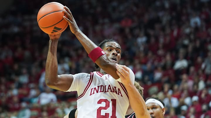 Indiana Hoosiers forward Mackenzie Mgbako (21) grabs a rebound against the SIU-Edwardsville at Simon Skjodt Assembly Hall. 