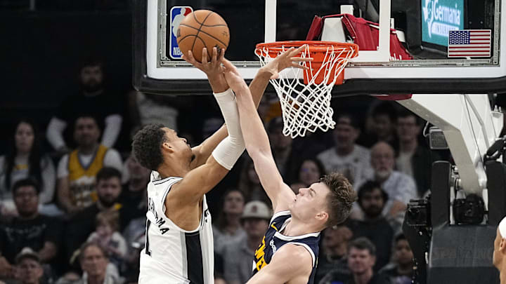 Mar 15, 2024; Austin, Texas, USA; San Antonio Spurs forward Victor Wembanyama (1) shoots over Denver