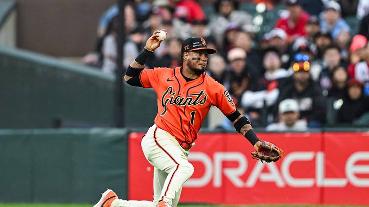 Jun 26, 2026; San Francisco, California, USA; San Francisco Giants second baseman Luis Arraez (1) throws the ball to first for the out during the top of the first inning against the Atlanta Braves at Oracle Park. Mandatory Credit: Justine Willard-Imagn Images