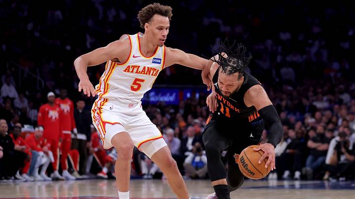 Apr 28, 2026; New York, New York, USA; New York Knicks guard Jalen Brunson (11) is fouled by Atlanta Hawks guard Dyson Daniels (5) as he drives to the basket during the second quarter of game five of the first round of the 2026 NBA Playoffs at Madison Square Garden. Mandatory Credit: Brad Penner-Imagn Images Apr 28, 2026; New York, New York, USA; New York Knicks guard Jalen Brunson (11) is fouled by Atlanta Hawks guard Dyson Daniels (5) as he drives to the basket during the second quarter of game five of the first round of the 2026 NBA Playoffs at Madison Square Garden. Mandatory Credit: Brad Penner-Imagn Images