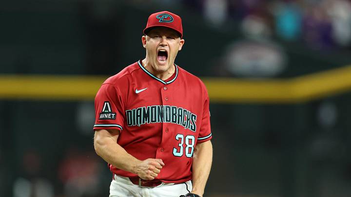 May 23, 2026; Phoenix, Arizona, USA; Arizona Diamondbacks relief pitcher Paul Sewald (38) reacts after defeating the Colorado Rockies in the ninth inning at Chase Field. Mandatory Credit: Anna Carrington-Imagn Images