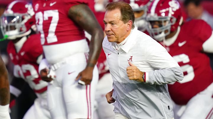 Nov 4, 2023; Tuscaloosa, Alabama, USA; Alabama Crimson Tide head coach Nick Saban runs onto the