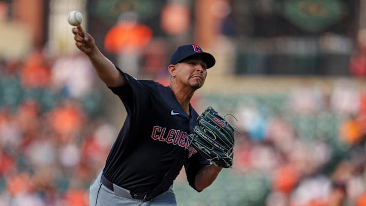 Cleveland Guardians pitcher Carlos Carrasco (59) throws a pitch during the first inning against the Baltimore Orioles at Oriole Park at Camden Yards on June 26.