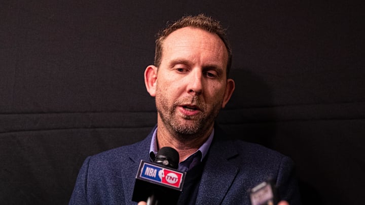 Feb 20, 2020; Philadelphia, Pennsylvania, USA; Brooklyn Nets general manager Sean Marks speaks with the media about the injury status of Kyrie Irving (not pictured) before a game against the Philadelphia 76ers at Wells Fargo Center. Mandatory Credit: Bill Streicher-Imagn Images