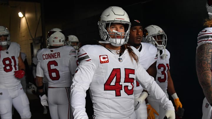 Dec 31, 2023; Philadelphia, Pennsylvania, USA; Arizona Cardinals linebacker Dennis Gardeck (45) in the tunnel before game against the Philadelphia Eagles at Lincoln Financial Field. Mandatory Credit: Eric Hartline-Imagn Images