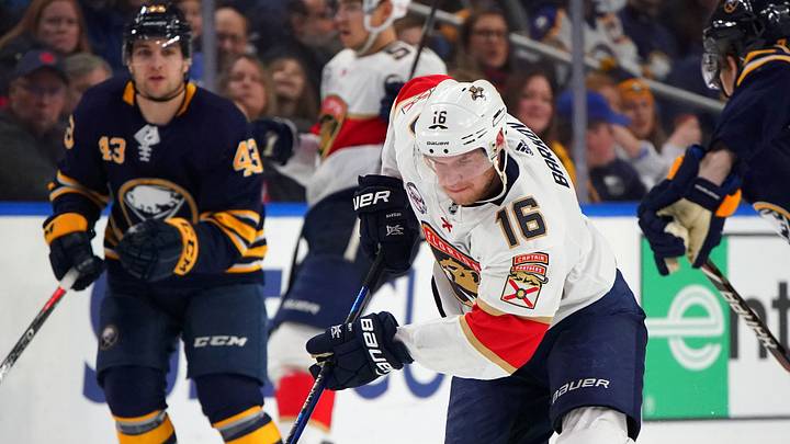Jan 3, 2019; Buffalo, NY, USA; Florida Panthers center Aleksander Barkov (16) during the game against the Buffalo Sabres at KeyBank Center. Mandatory Credit: Kevin Hoffman-USA TODAY Sports Jan 3, 2019; Buffalo, NY, USA; Florida Panthers center Aleksander Barkov (16) during the game against the Buffalo Sabres at KeyBank Center. Mandatory Credit: Kevin Hoffman-USA TODAY Sports