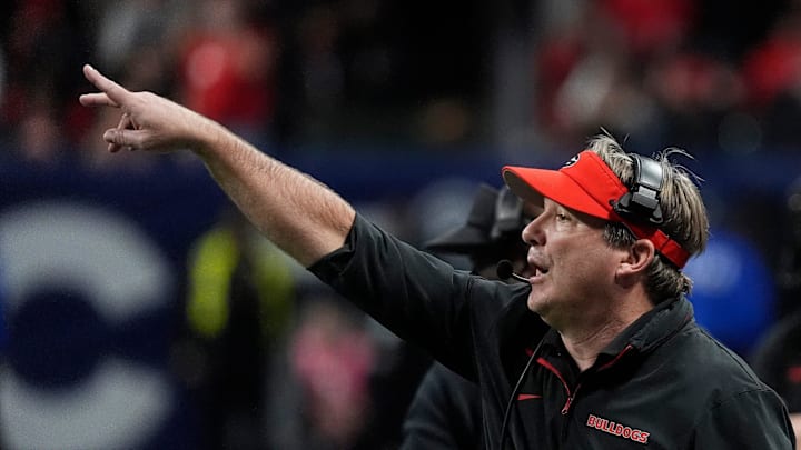 Georgia coach Kirby Smart reacts during overtime of the SEC championship game against Texas in Atlanta, on Saturday, Dec. 7, 2024. Georgia coach Kirby Smart reacts during overtime of the SEC championship game against Texas in Atlanta, on Saturday, Dec. 7, 2024.