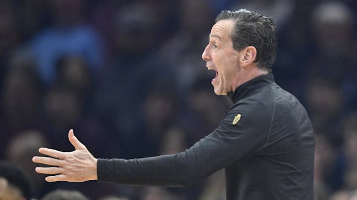 Dec 22, 2025; Cleveland, Ohio, USA; Cleveland Cavaliers head coach Kenny Atkinson reacts in the first quarter against the Charlotte Hornets at Rocket Arena. Mandatory Credit: David Richard-Imagn Images