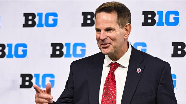 Jul 25, 2024; Indianapolis, IN, USA; Indiana Hoosiers head coach Curt Cignetti speaks to the media during the Big 10 football media day at Lucas Oil Stadium. Mandatory Credit: Robert Goddin-Imagn Images
