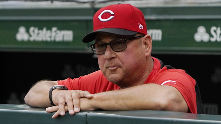May 30, 2025; Chicago, Illinois, USA; Cincinnati Reds manager Terry Francona (77) in the dugout before the game against the Chicago Cubs at Wrigley Field. Mandatory Credit: David Banks-Imagn Images May 30, 2025; Chicago, Illinois, USA; Cincinnati Reds manager Terry Francona (77) in the dugout before the game against the Chicago Cubs at Wrigley Field. Mandatory Credit: David Banks-Imagn Images