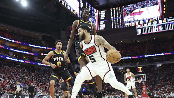 Mar 12, 2025; Houston, Texas, USA; Houston Rockets guard Fred VanVleet (5) controls the ball as Phoenix Suns center Bol Bol (11) defends during the third quarter at Toyota Center. Mandatory Credit: Troy Taormina-Imagn Images Mar 12, 2025; Houston, Texas, USA; Houston Rockets guard Fred VanVleet (5) controls the ball as Phoenix Suns center Bol Bol (11) defends during the third quarter at Toyota Center. Mandatory Credit: Troy Taormina-Imagn Images