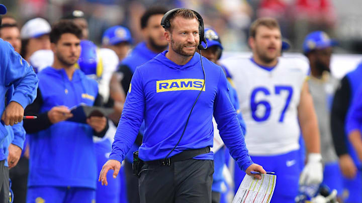 Sep 22, 2024; Inglewood, California, USA; Los Angeles Rams head coach Sean McVay watches game action against the San Francisco 49ers during the second half at SoFi Stadium. Mandatory Credit: Gary A. Vasquez-Imagn Images