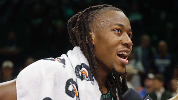 Apr 23, 2026; Minneapolis, Minnesota, USA; Minnesota Timberwolves guard Ayo Dosunmu (13) talks with a reporter after the game with the Denver Nuggets at Target Center. Mandatory Credit: Bruce Kluckhohn-Imagn Images
