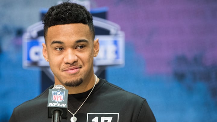 Alabama quarterback Tua Tagovailoa (QB17) speaks to the media during the 2020 NFL Combine in the Indianapolis Convention Center in 2020. Alabama quarterback Tua Tagovailoa (QB17) speaks to the media during the 2020 NFL Combine in the Indianapolis Convention Center in 2020.