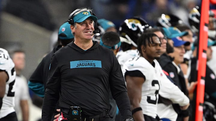 Jan 5, 2025; Indianapolis, Indiana, USA; Indianapolis Colts head coach Doug Pederson smiles while looking up at the video board during the first quarter against the Indianapolis Colts at Lucas Oil Stadium. Mandatory Credit: Marc Lebryk-Imagn Images