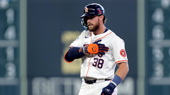 Jun 15, 2024; Houston, Texas, USA; Houston Astros right fielder Trey Cabbage (38) reacts after hitting an RBI double against the Detroit Tigers during the seventh inning at Minute Maid Park. Mandatory Credit: Erik Williams-Imagn Images