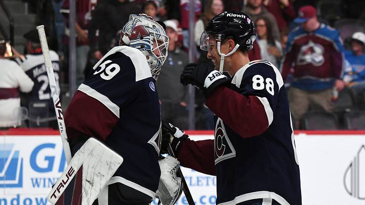 Colorado Avalanche goalie Mackenzie Blackwood (39) celebrates with center Martin Necas (88)  Credit: Christopher Hanewinckel-Imagn Images