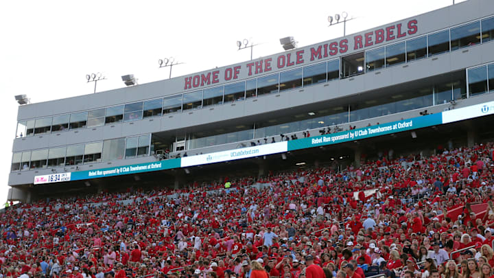 Sep 16, 2023; Oxford, Mississippi, USA; Mississippi Rebels fans cheer during the first half against the Georgia Tech Yellow Jackets at Vaught-Hemingway Stadium. Mandatory Credit: Petre Thomas-USA TODAY Sports