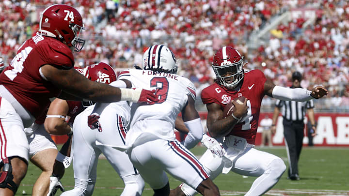 Jalen Milroe, Alabama Crimson Tide, South Carolina Gamecocks. (Mandatory Credit: Butch Dill-Imagn Images)