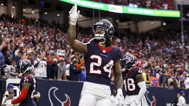 Dec 3, 2023; Houston, Texas, USA; Houston Texans cornerback Derek Stingley Jr. (24) reacts after a play during the fourth quarter against the Denver Broncos at NRG Stadium. Mandatory Credit: Troy Taormina-USA TODAY Sports Dec 3, 2023; Houston, Texas, USA; Houston Texans cornerback Derek Stingley Jr. (24) reacts after a play during the fourth quarter against the Denver Broncos at NRG Stadium. Mandatory Credit: Troy Taormina-USA TODAY Sports