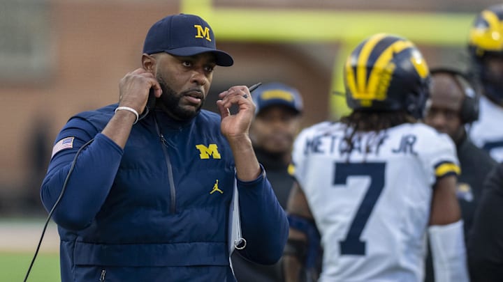 Nov 22, 2025; College Park, Maryland, USA; Michigan Wolverines head coach Sherrone Moore on the sidelines during the first quarter against the Maryland Terrapins  at SECU Stadium. Mandatory Credit: Tommy Gilligan-Imagn Images