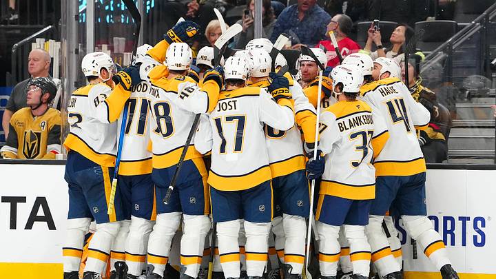 Dec 31, 2025; Las Vegas, Nevada, USA; The Nashville Predators bench clears to congratulate Predators center Steven Stamkos (91) after he scored the 600th goal of his NHL career during the first period against the Vegas Golden Knights at T-Mobile Arena. Mandatory Credit: Stephen R. Sylvanie-Imagn Images Dec 31, 2025; Las Vegas, Nevada, USA; The Nashville Predators bench clears to congratulate Predators center Steven Stamkos (91) after he scored the 600th goal of his NHL career during the first period against the Vegas Golden Knights at T-Mobile Arena. Mandatory Credit: Stephen R. Sylvanie-Imagn Images