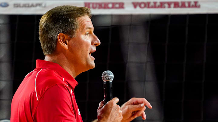 Nebraska Cornhuskers athletic director Trev Alberts speaks to the crowd.